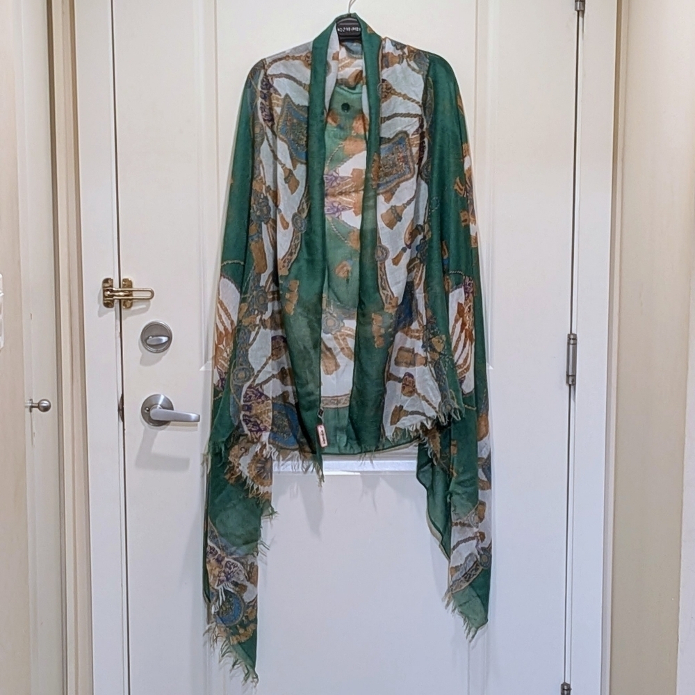 3/$30 NWT Ardene 65"x43" Green Blue and Gold Chain and Tassel Print Sheer Shawl